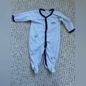 Kissy Kissy grey and white stripe sleeper navy trim with dinosaurs 6-9 months